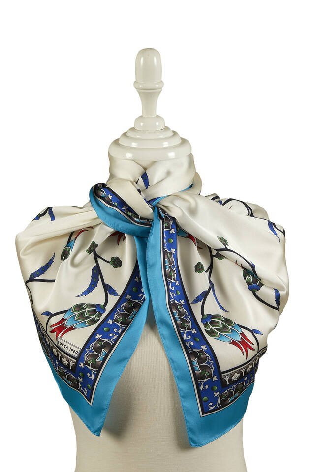 Turquoise Saks Row Tulip Pattern Wide Silky Foulard - 2