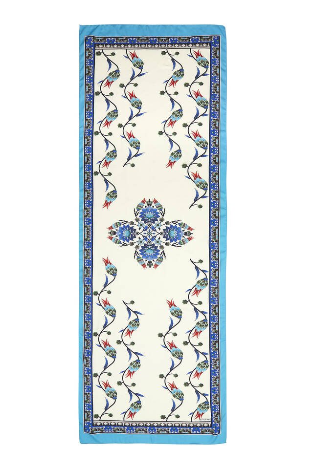 Turquoise Saks Row Tulip Pattern Wide Silky Foulard - 4