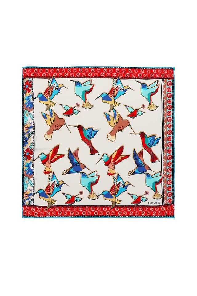 Turquoise Salmon Patterned Silky Pocket Square - Bursa İpek