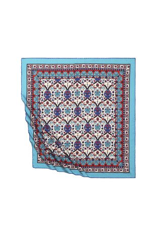 Turquoise Tile Tulip Pattern Silky Square Scarf - Thumbnail