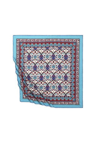Turquoise Tile Tulip Pattern Silky Square Scarf 