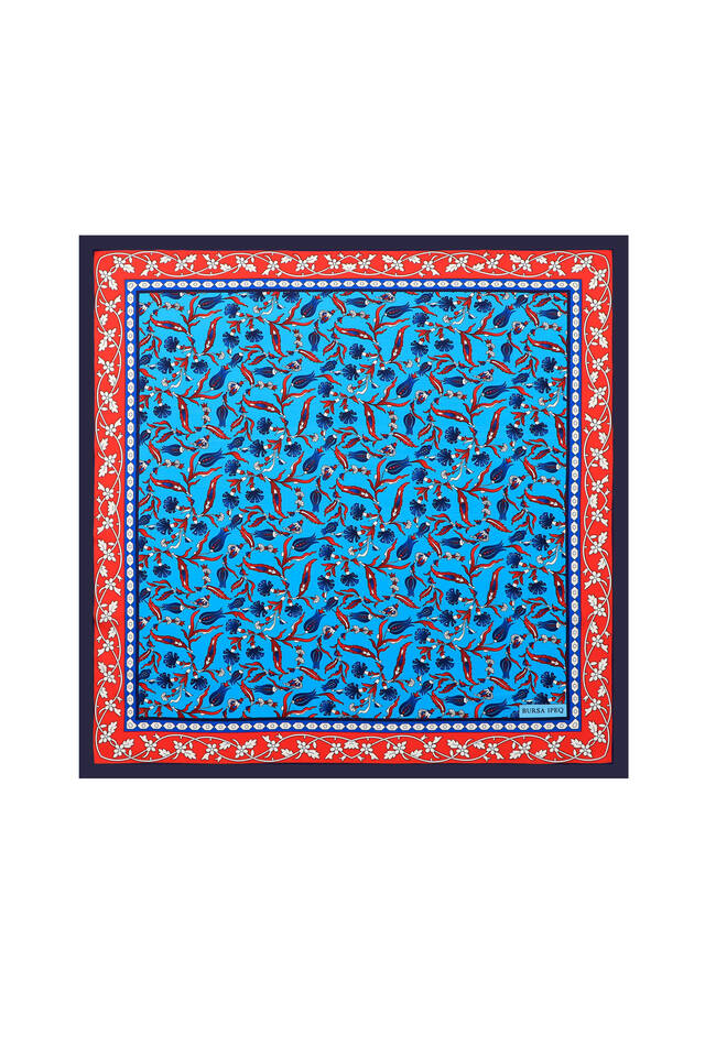 Turquoise Tulip Carnation Pattern Silky Pocket Square - Bursa İpek
