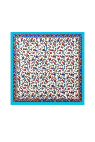 Turquoise Tulip Pattern Silky Pocket Square - Thumbnail