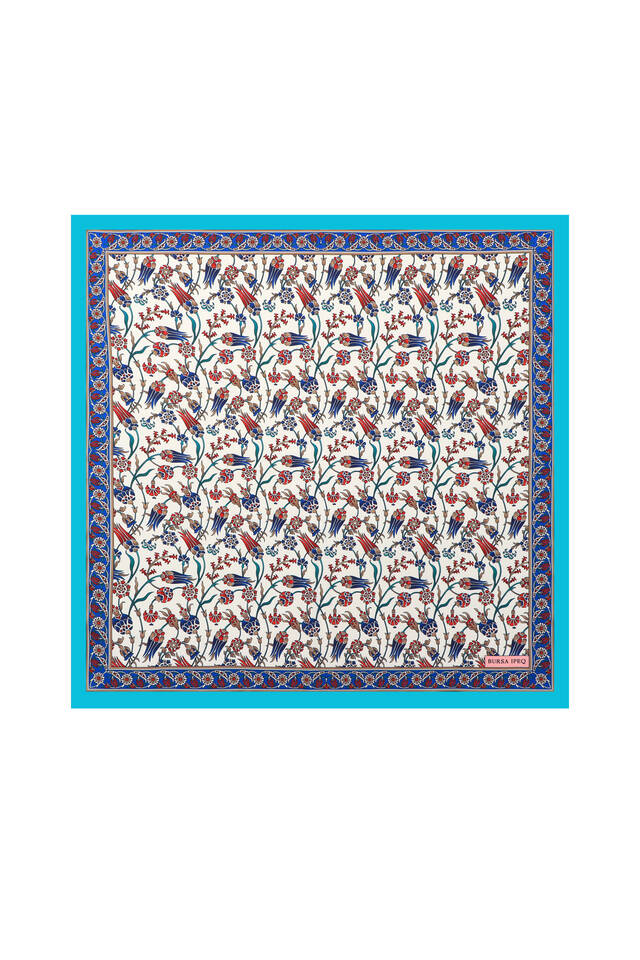 Turquoise Tulip Pattern Silky Pocket Square - Bursa İpek