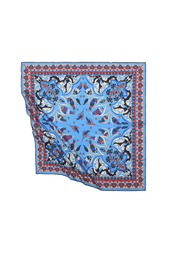 Turquoise Turkish Patterned Cintemani Carnation Pattern Silky Square Scarf - 1