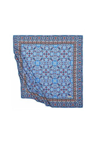 Turquoise Turkish Patterned Tile Pattern Silk Square Scarf - Thumbnail