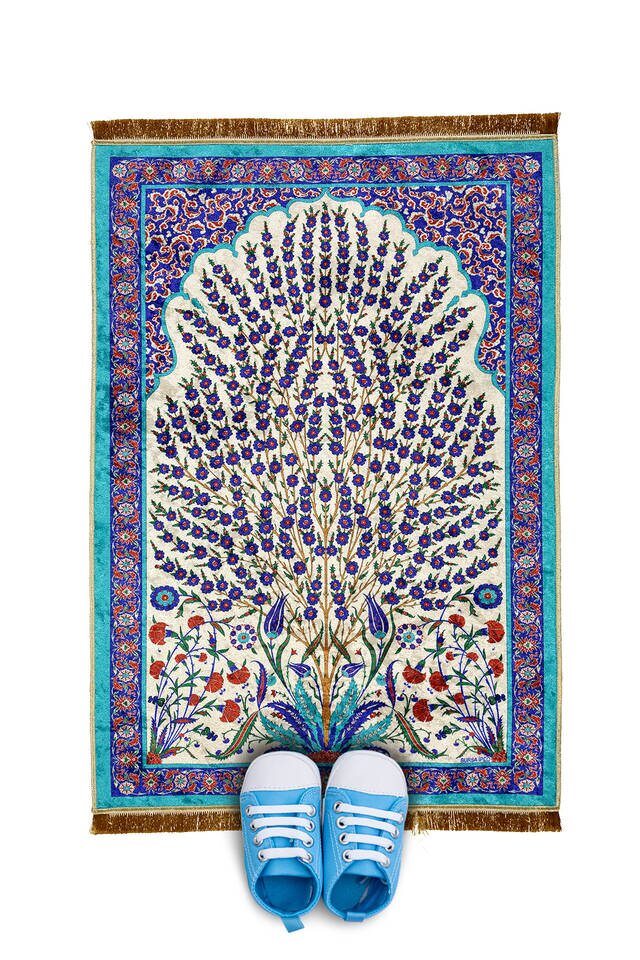 Turquoise Velvet Children's Prayer Rug - Bursa İpek