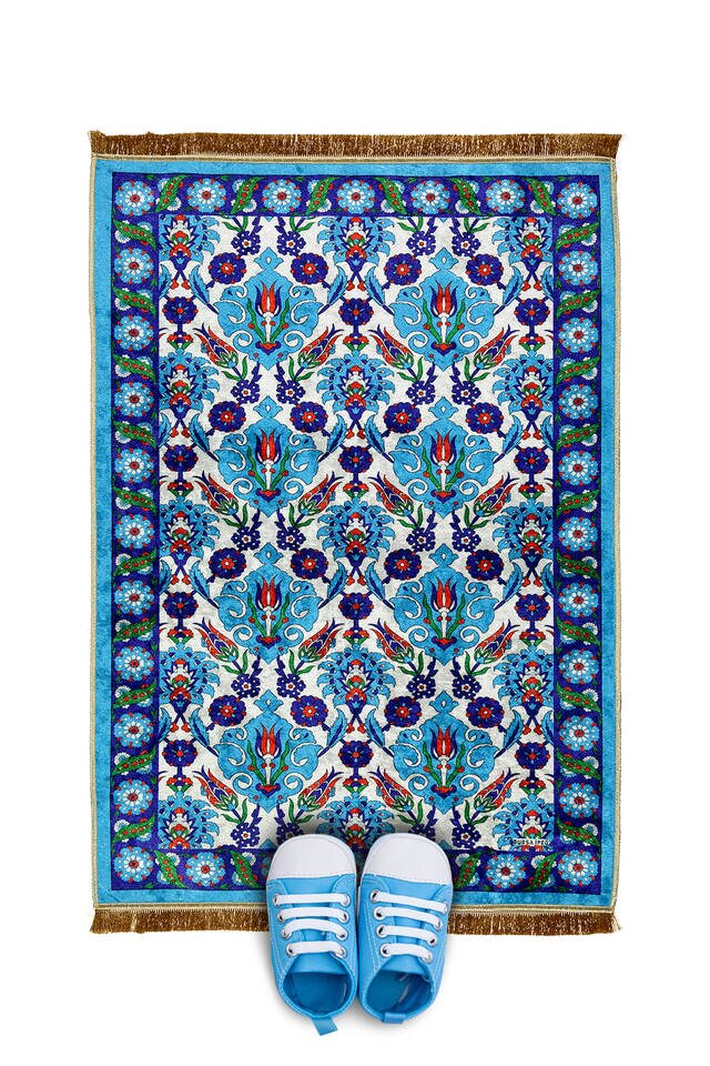 Turquoise Velvet Children's Prayer Rug - Bursa İpek