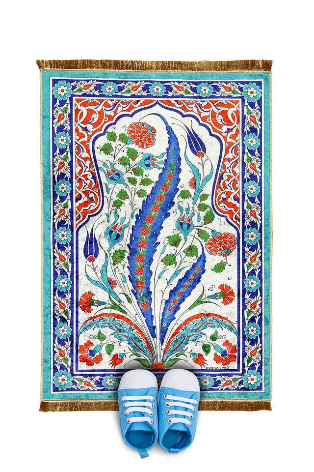 Turquoise Velvet Children's Prayer Rug - Bursa İpek