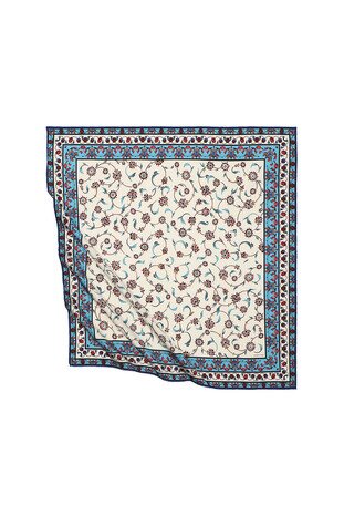 Turquoise Wildflower Pattern Silky Square Scarf - Thumbnail