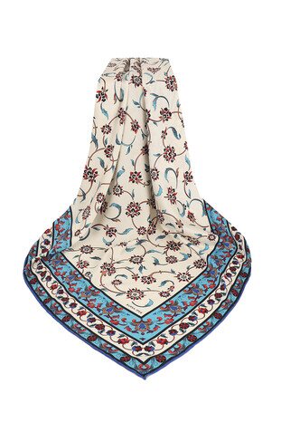 Turquoise Wildflower Pattern Silky Square Scarf - Thumbnail