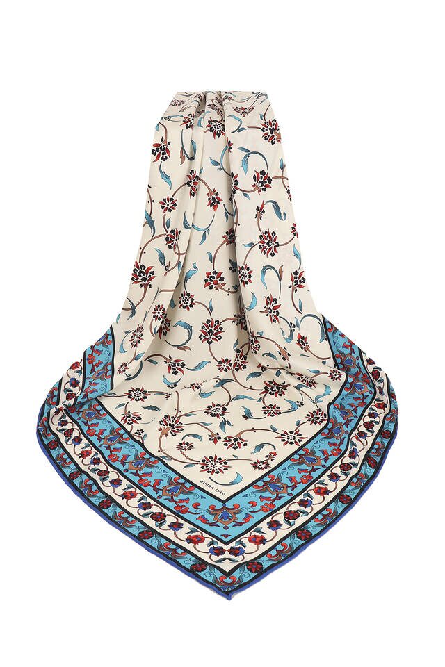 Turquoise Wildflower Pattern Silky Square Scarf - 3