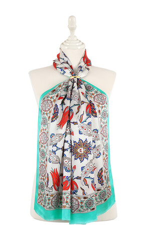 Water Green Cream Ephesus Pattern Silk Foulard 