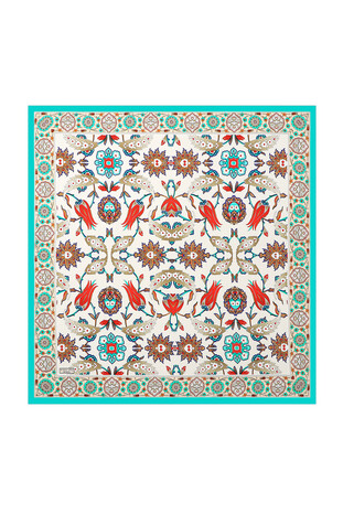 Water Green Cream Ephesus Pattern Silk Square Scarf 