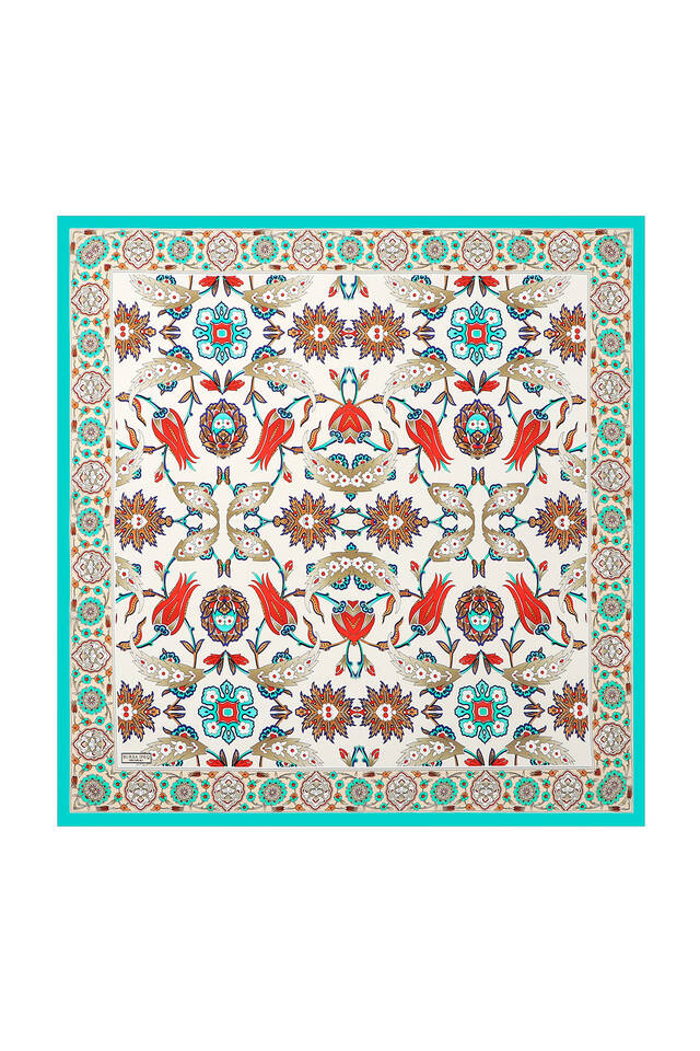 Water Green Cream Ephesus Pattern Silk Square Scarf - 1