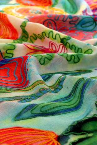 Water Green Embroidered Marimo Wool Shawl - Thumbnail