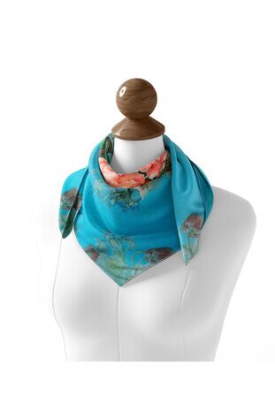 Water Green Floral Silk Square Scarf - Thumbnail