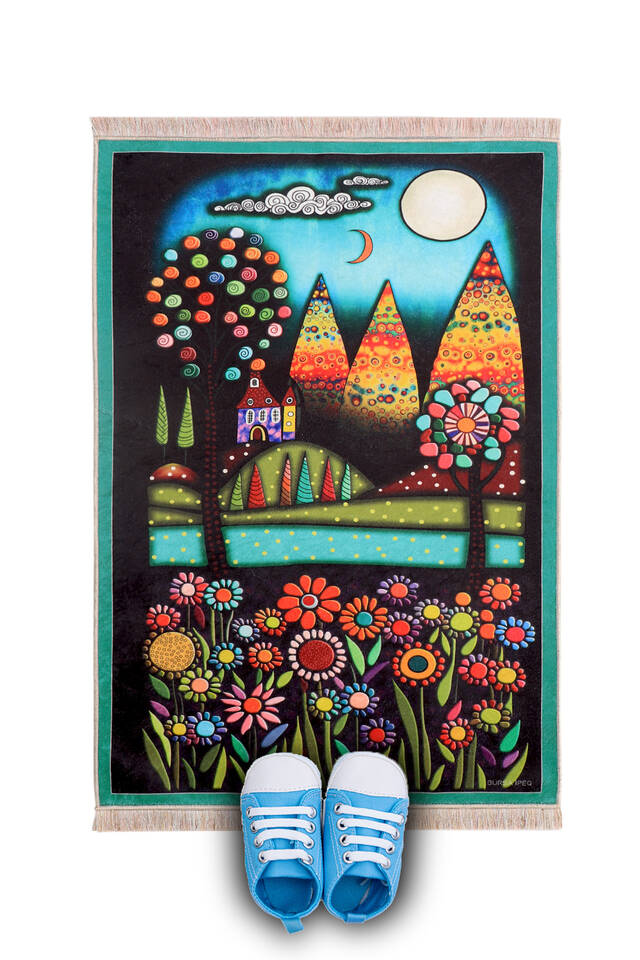 Water Green Moonlight Flowers Children's Prayer Rug And Play Mat - Bursa İpek