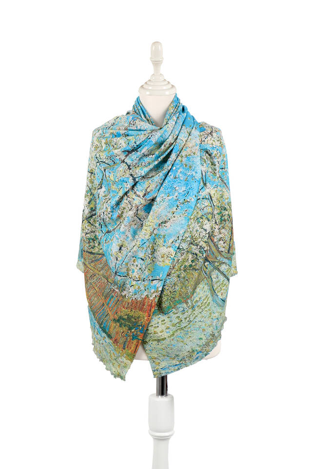 Water Green Peach Tree Pattern Winter Shawl - Bursa İpek