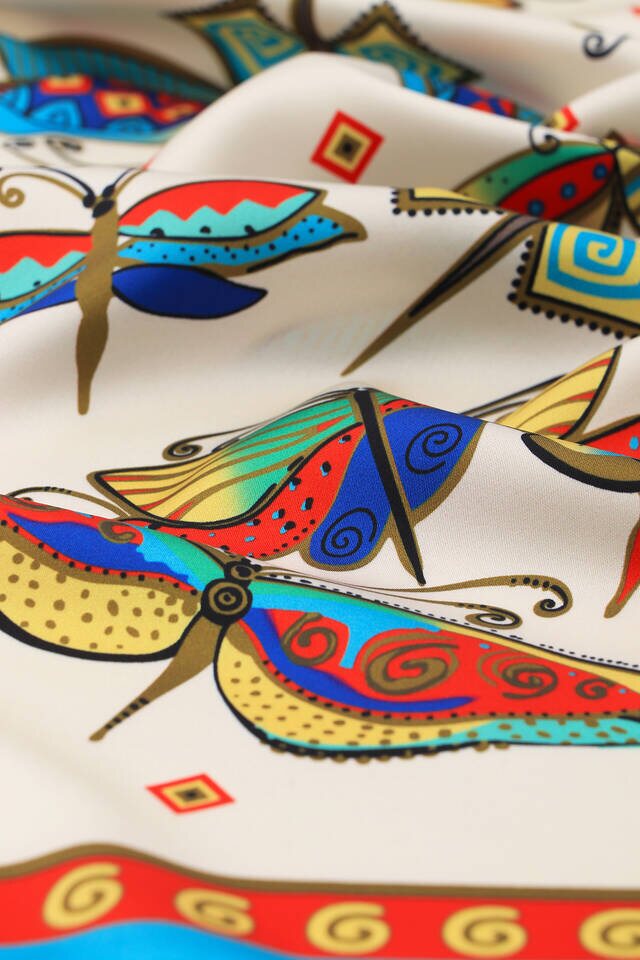 Water Green Red Patterned Silky Foulard - 3