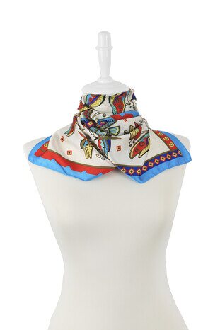 Water Green Red Patterned Silky Foulard - Thumbnail
