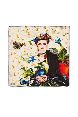 White Frida Pattern Silk Pocket Square - Thumbnail