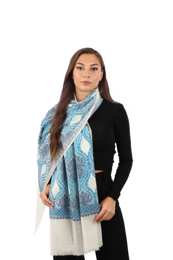 Cream Blue Stone Embroidered Wool Silk Shawl 