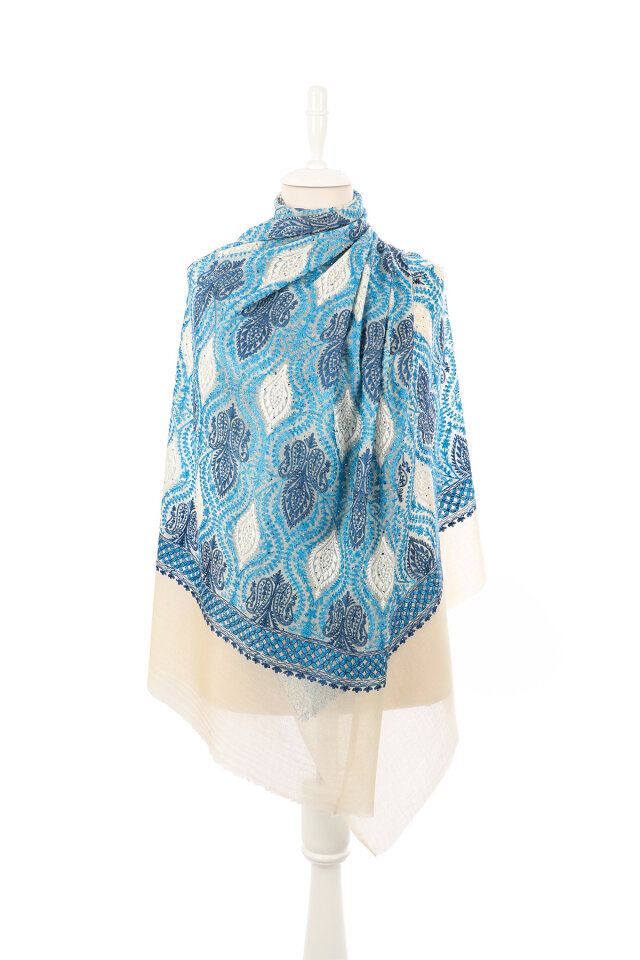 Cream Blue Stone Embroidered Wool Silk Shawl - 2