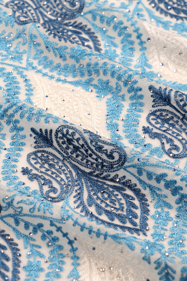 Cream Blue Stone Embroidered Wool Silk Shawl - 4