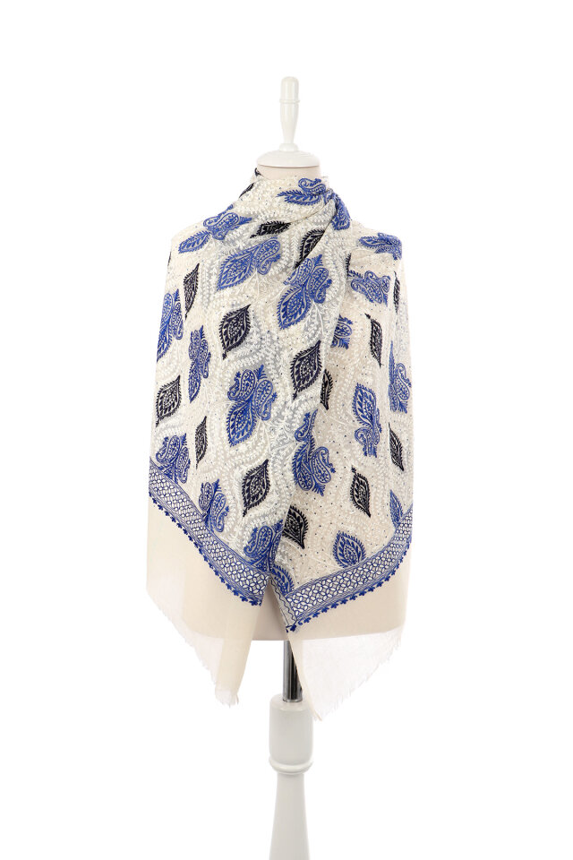 Cream Saxe Stone Embroidered Wool Silk Shawl - 2