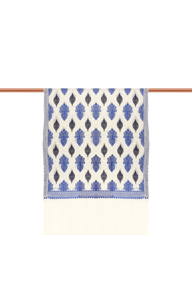 Cream Saxe Stone Embroidered Wool Silk Shawl - 3