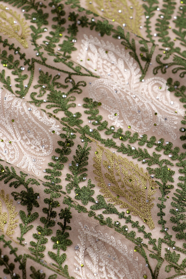 Milky Coffee Green Stone Embroidered Wool Silk Shawl - 4