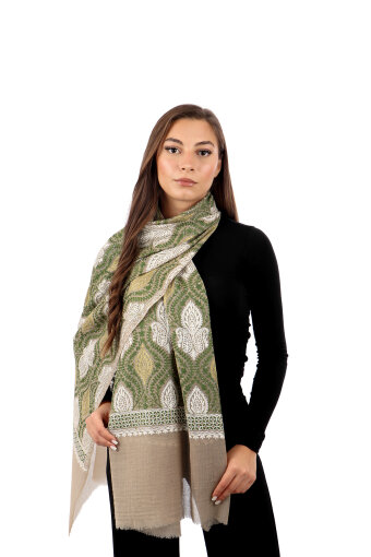 Milky Coffee Green Stone Embroidered Wool Silk Shawl 