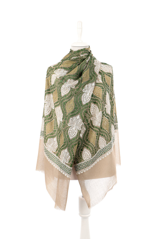 Milky Coffee Green Stone Embroidered Wool Silk Shawl - 2