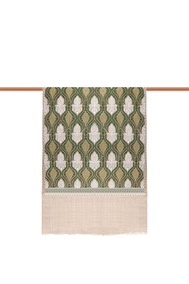 Milky Coffee Green Stone Embroidered Wool Silk Shawl - 3