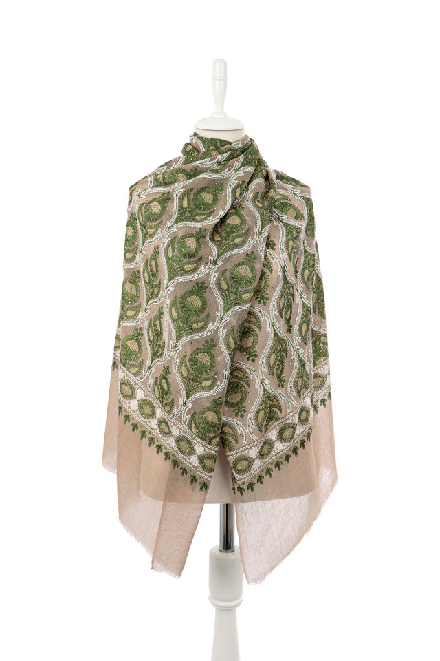 Milky Coffee Green Stone Embroidered Wool Silk Shawl - 2