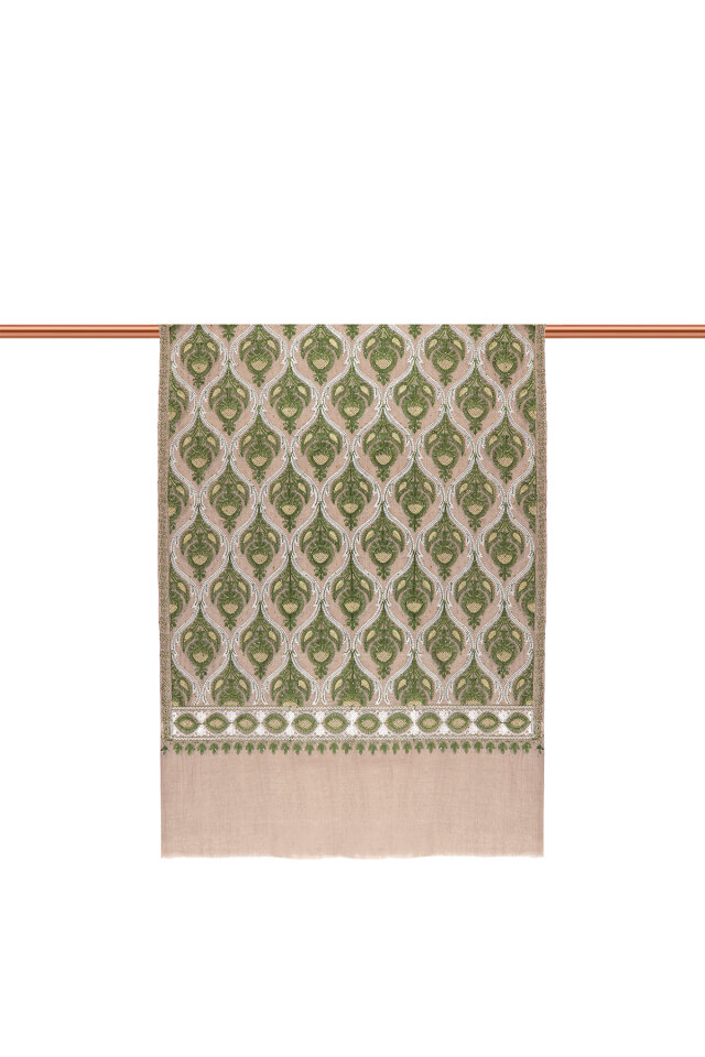 Milky Coffee Green Stone Embroidered Wool Silk Shawl - 3