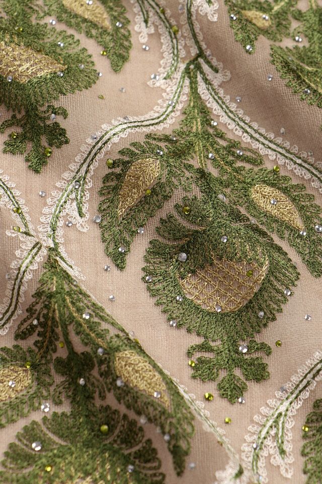 Milky Coffee Green Stone Embroidered Wool Silk Shawl - 4