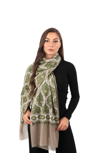 Milky Coffee Green Stone Embroidered Wool Silk Shawl 