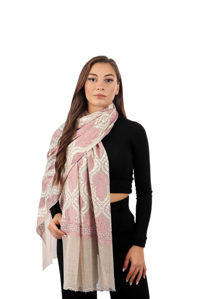 Wool Silk Shawl with Stone Dusty Rose Stone Embroider - Bursa İpek