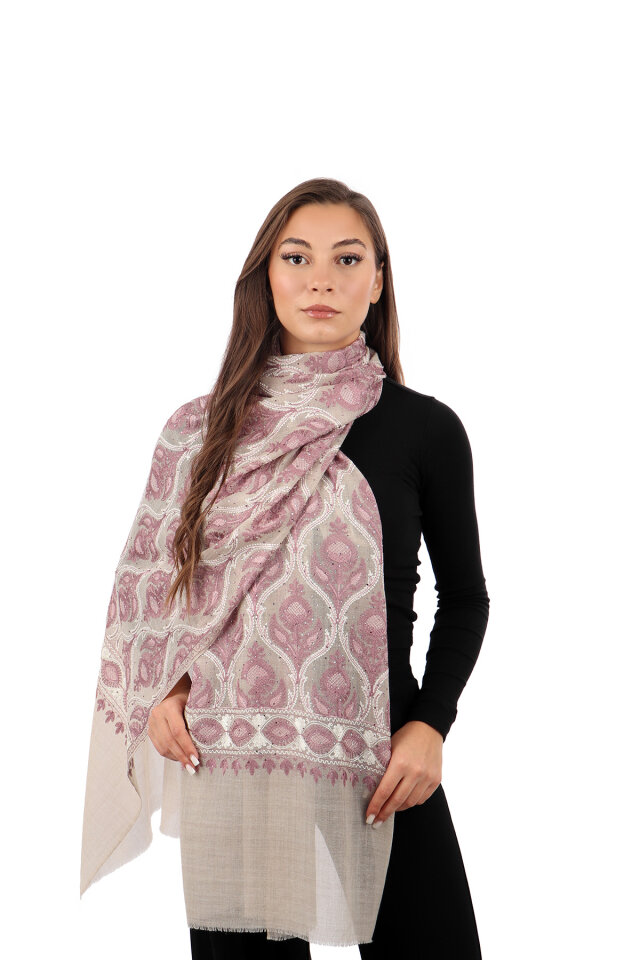 Wool Silk Shawl with Stone Dusty Rose Stone Embroider - Bursa İpek