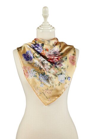 Yellow Fourflower Pattern Silky Square Scarf - Thumbnail