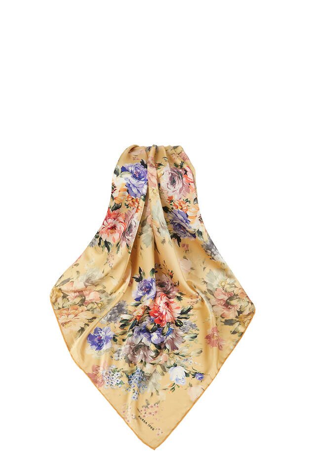 Yellow Fourflower Pattern Silky Square Scarf - 3