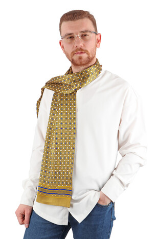 Yellow Geometric Pattern Men's Silk Foulard - Thumbnail