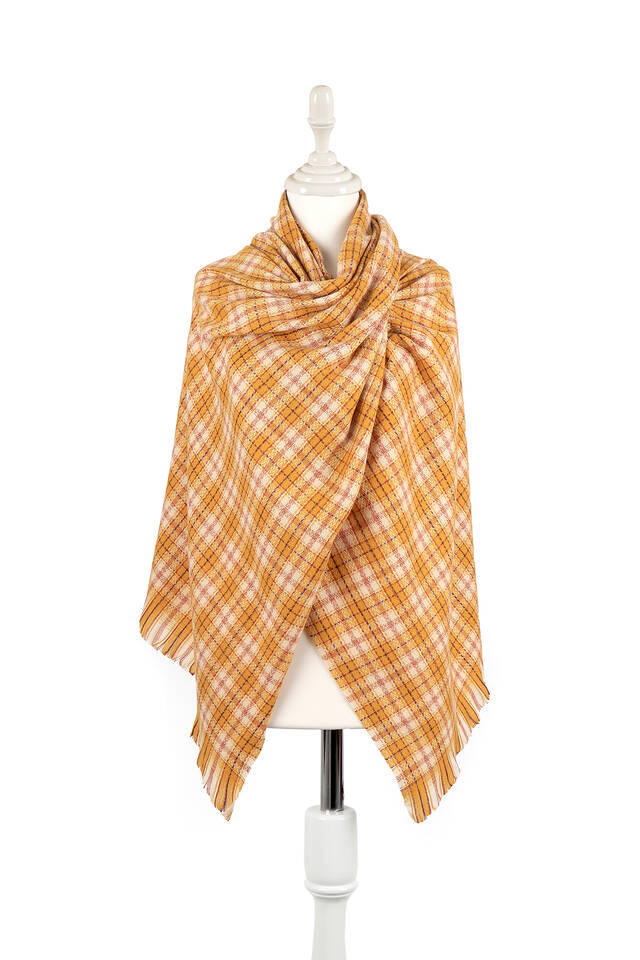 Yellow Purple Plaid Pattern Winter Shawl - Bursa İpek