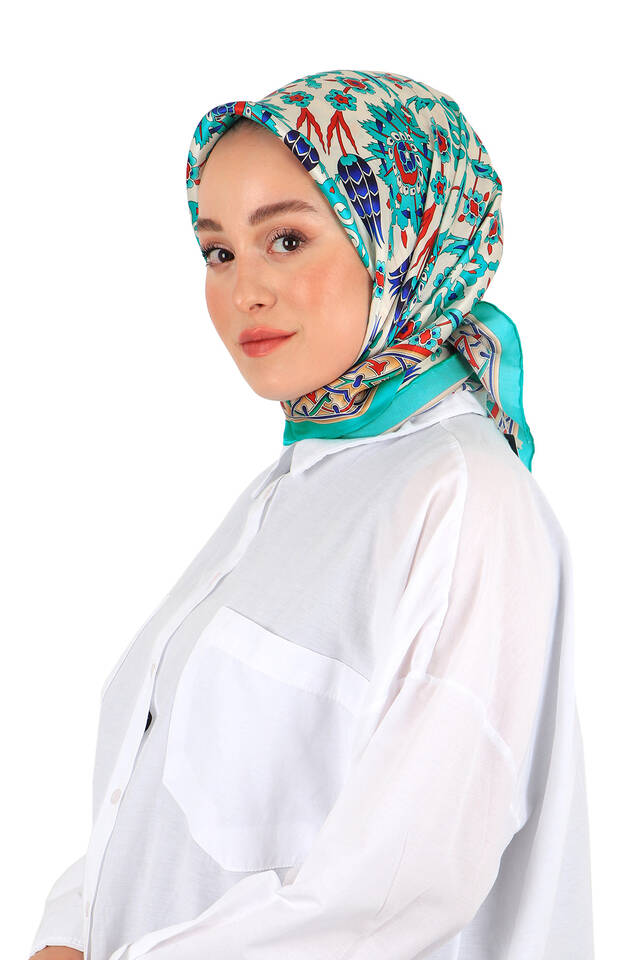 Yeşil Kırmızı Çini Lale Desen İpek Eşarp - 2