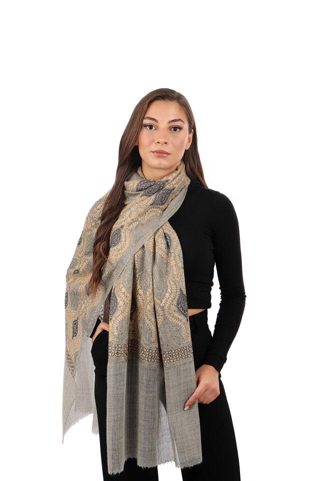 Gri Bej Taşlı İşlemeli Yün İpek Şal - Bursa İpek