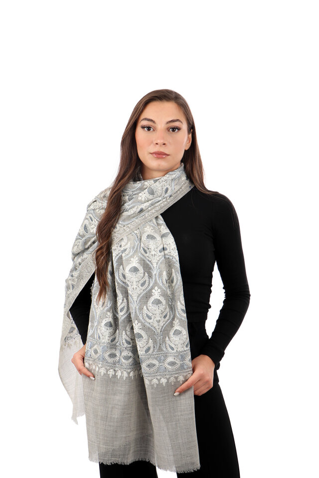 Gri Koyu Gri Taşlı İşlemeli Yün İpek Şal - Bursa İpek
