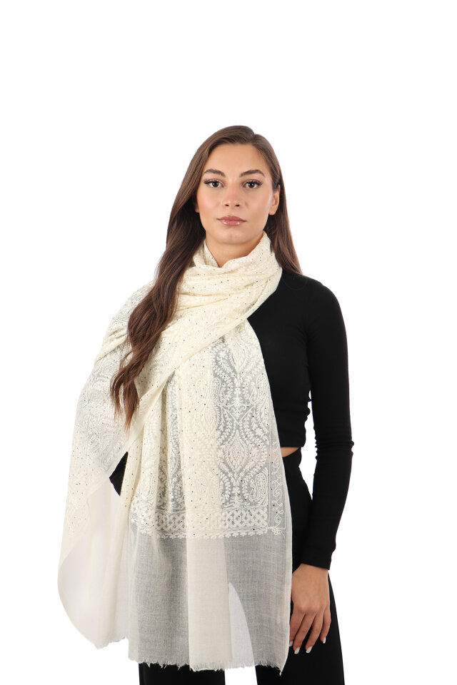 Krem Taşlı İşlemeli Yün İpek Şal - Bursa İpek