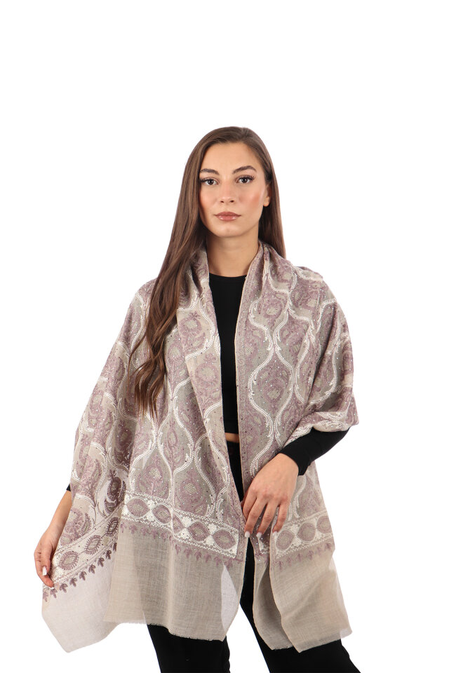 Taş Koyu Lila Taşlı İşlemeli Yün İpek Şal - Bursa İpek